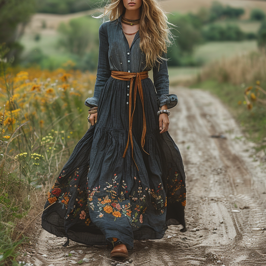 Women's Vintage V-neck Floral Bohemian Pastoral Style Long-sleeved Maxi Long Dress