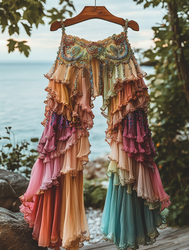 Summer ruffled cotton and linen patchwork contrast color pants b5c2