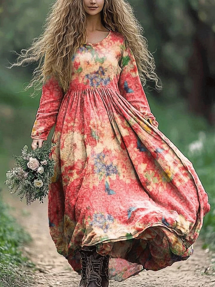 Women's Floral Butterfly Art Print Pocket Cotton Dress