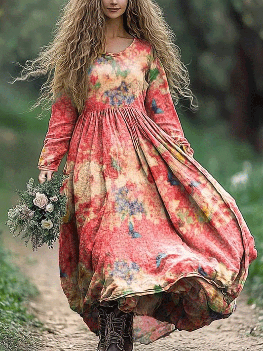 Women's Floral Butterfly Art Print Pocket Cotton Dress