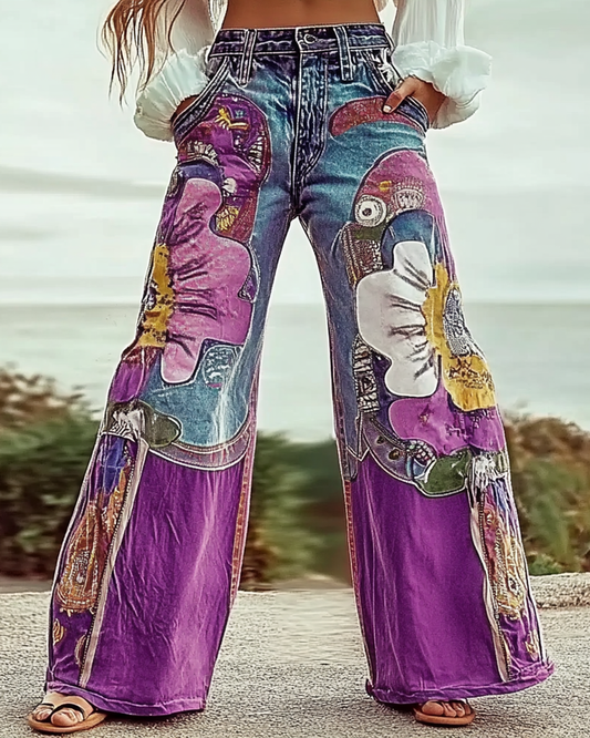 Vintage Loose Casual Denim Splicing  Pants 5e18