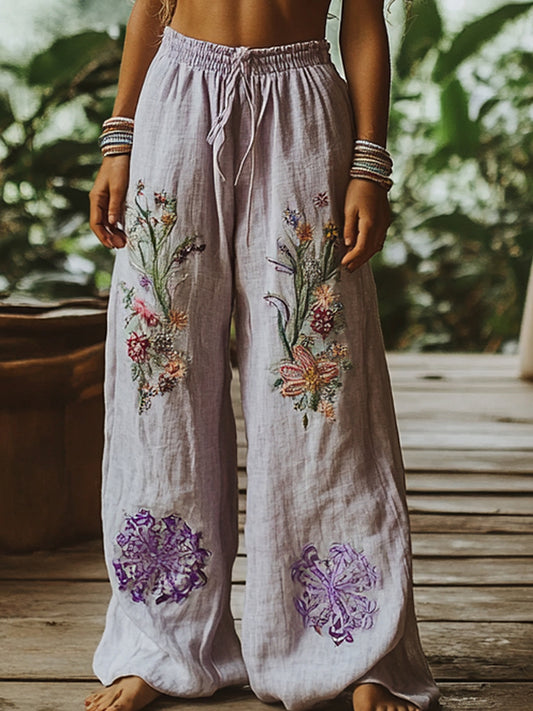 Hamivibe Vintage Bohemian Floral Art Printed Cotton Linen Wide Leg Pants 3466