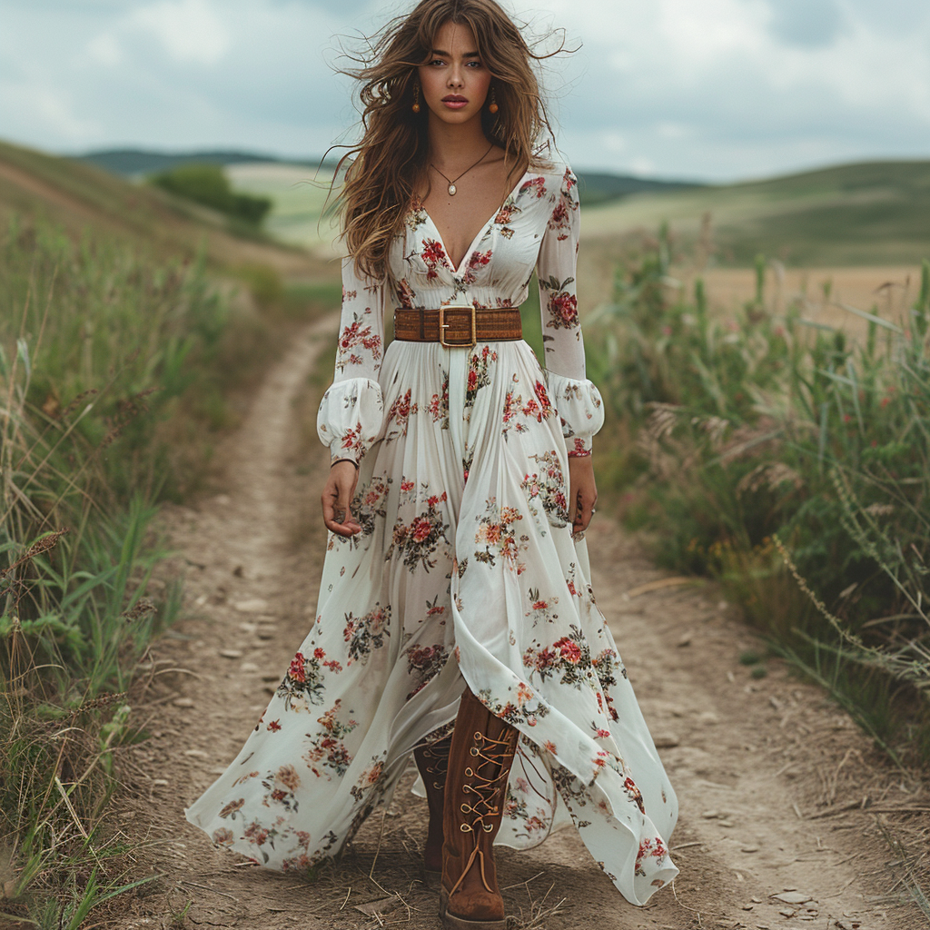 Women's Retro V-neck Floral Long-sleeve Bohemian Pastoral Style Maxi Long Dress