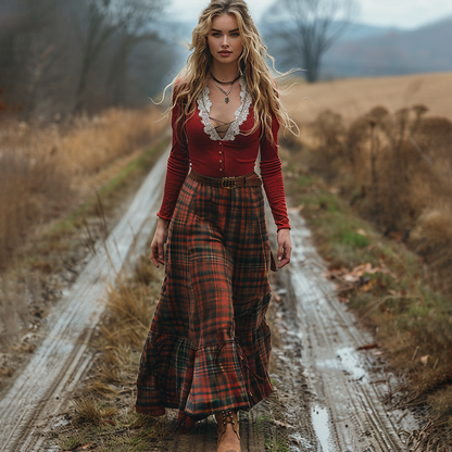Women's Retro Plaid V-neck Long-sleeve Long Skirt Pastoral Style Maxi Long Dress