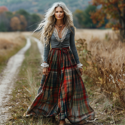 Women's Retro Plaid V-neck Long-sleeve Long Skirt Pastoral Style Maxi Long Dress