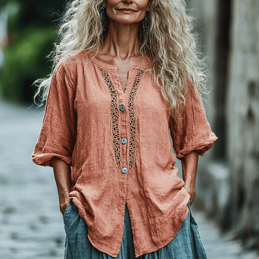 Women's Linen Bohemia Style Plain Long-sleeved Breathable Top Shirt