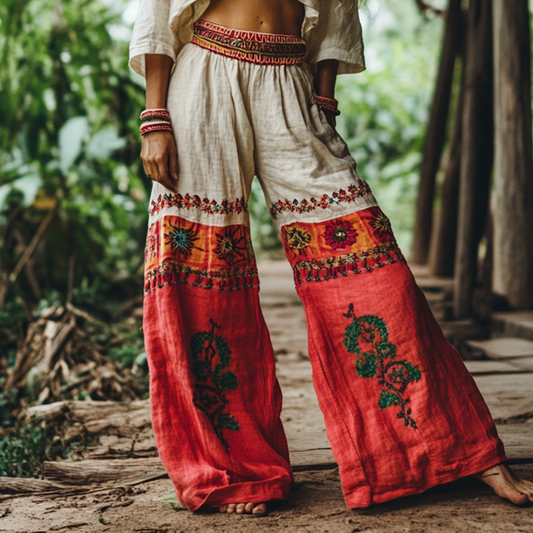 Bohemian Holiday Style Retro Linen Floral Ethnic Totem Print Casual Pants