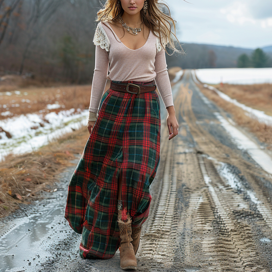 Women's Retro Plaid V-neck Long-sleeve Long Skirt Pastoral Style Maxi Long Dress