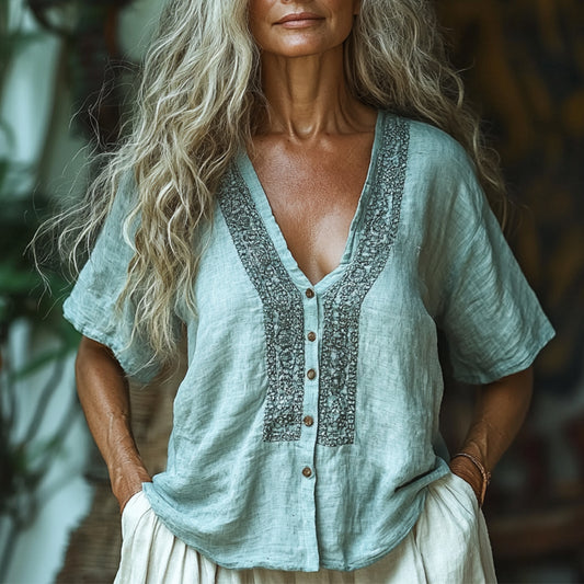 Women's Casual Bohemia Linen Style Short-sleeved Top Shirt