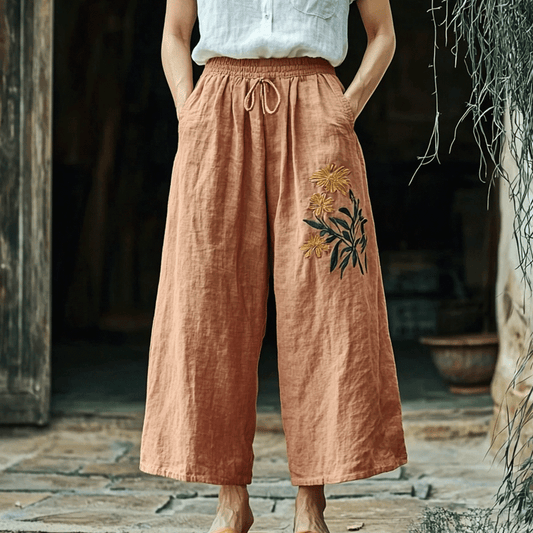 Women's Linen Bohemian Cropped Wide-leg Simple Casual Cropped Trouser Pants