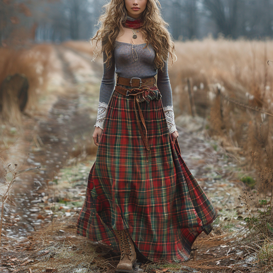 Women's Retro Plaid Long-sleeve Long Skirt Pastoral Style Maxi Long Dress