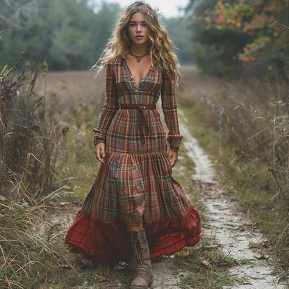 Women's Vintage V-neck Bohemian Pastoral Plaid Style Long-sleeve Maxi Long Dress