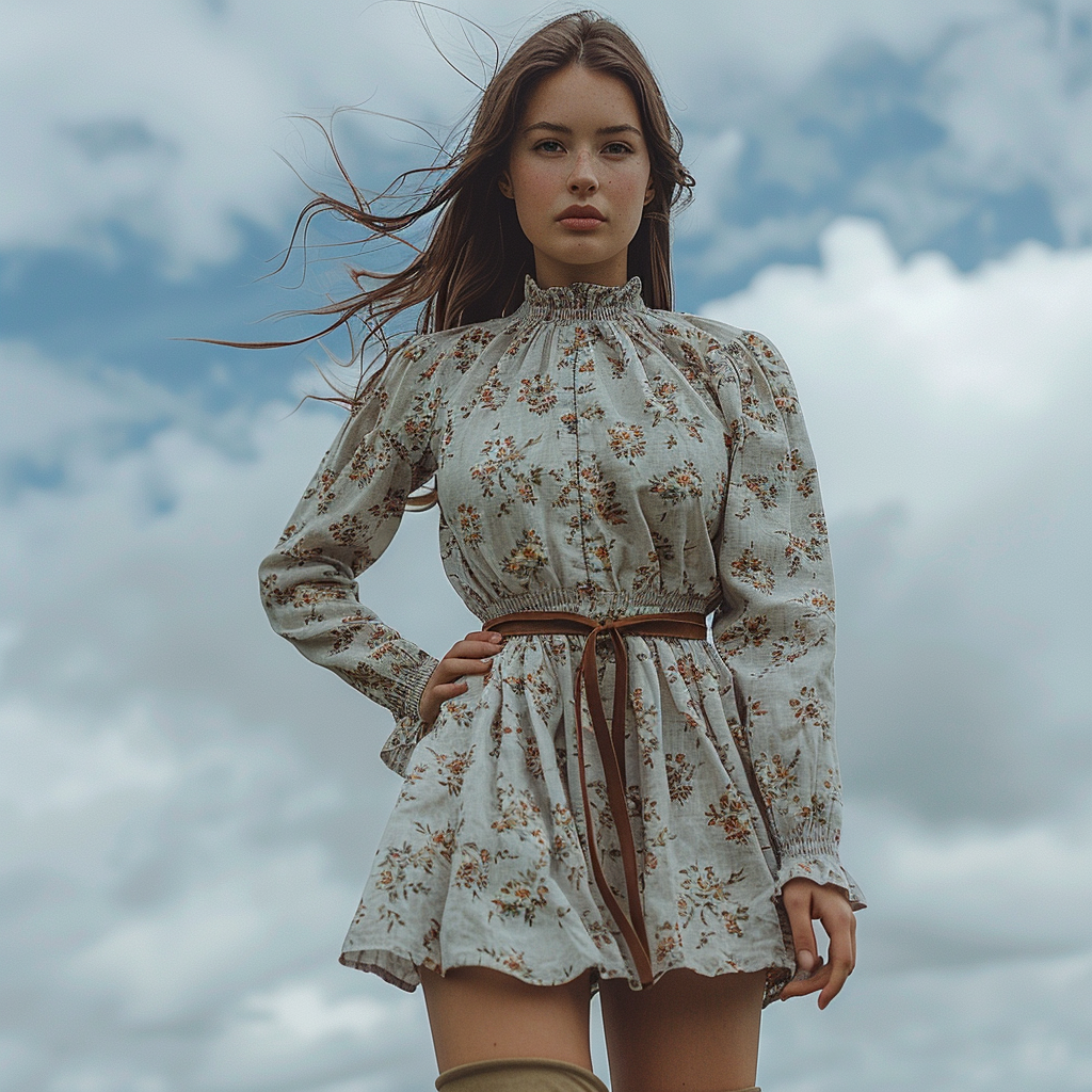 Women's Retro Floral Bohemian Pastoral Style Long-sleeved Mini Short Dress