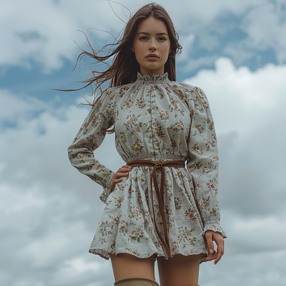 Women's Retro Floral Bohemian Pastoral Style Long-sleeved Mini Short Dress