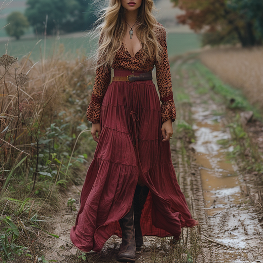 Women's Retro Pastoral Style Lace Long-sleeve Linen Maxi Long Dress