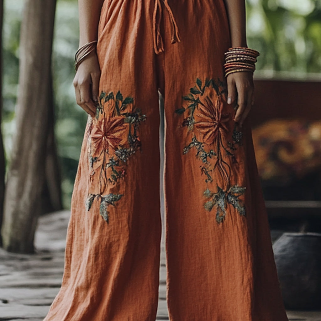 Bohemian Holiday Style Retro Linen Floral Ethnic Totem Print Casual Pants