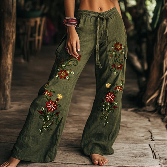 Hamivibe Vintage Floral Art Printed Cotton Linen Wide Leg Pants d628