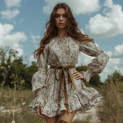 Women's Retro Floral Bohemian Pastoral Style Long-sleeved Mini Short Dress