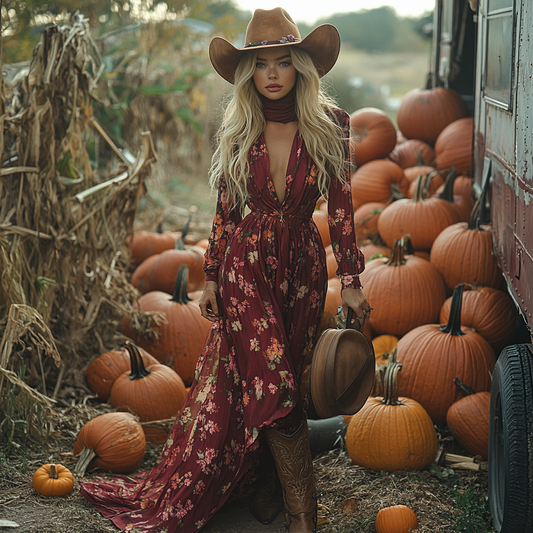 Vintage Cowgirl Style Halloween Floral Dress