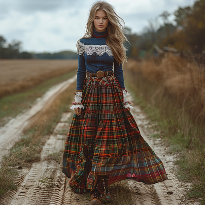 Women's Retro High Neck Long-sleeve Long Skirt Plaid Pastoral Style Maxi Long Dress