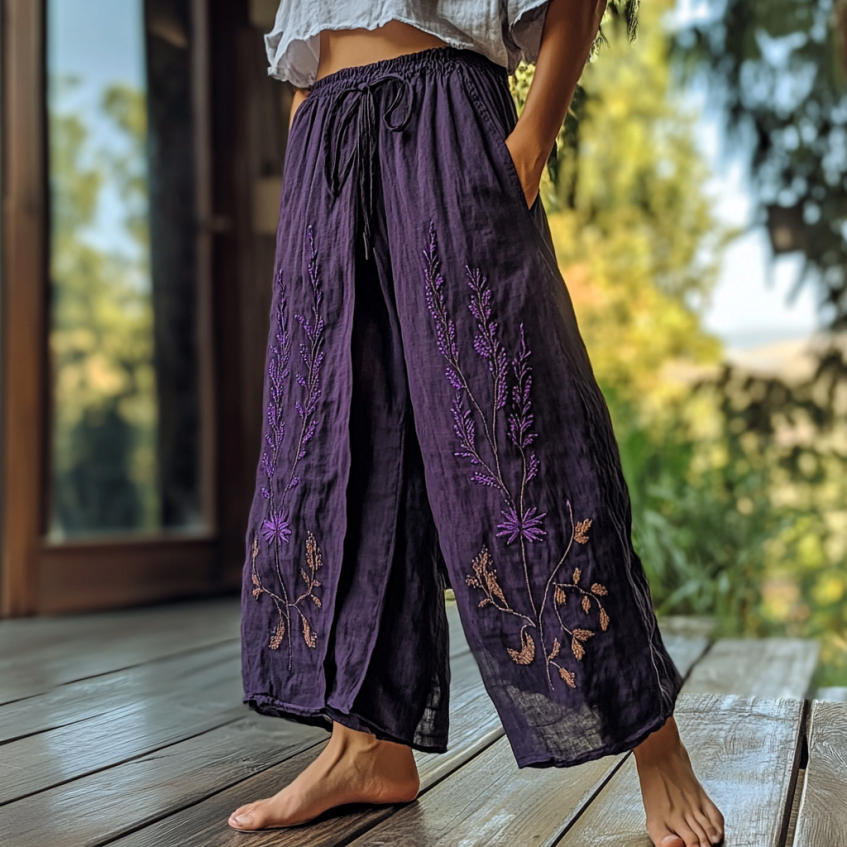 Hamivibe Vintage Bohemian Lavender Art Printed Cotton Linen Wide Leg Pants 4abb