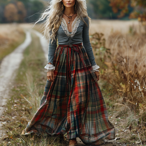 Women's Retro Plaid V-neck Long-sleeve Long Skirt Pastoral Style Maxi Long Dress
