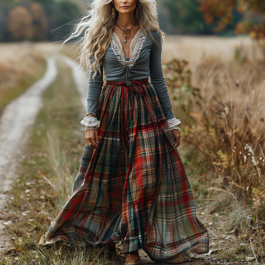 Women's Retro Plaid V-neck Long-sleeve Long Skirt Pastoral Style Maxi Long Dress