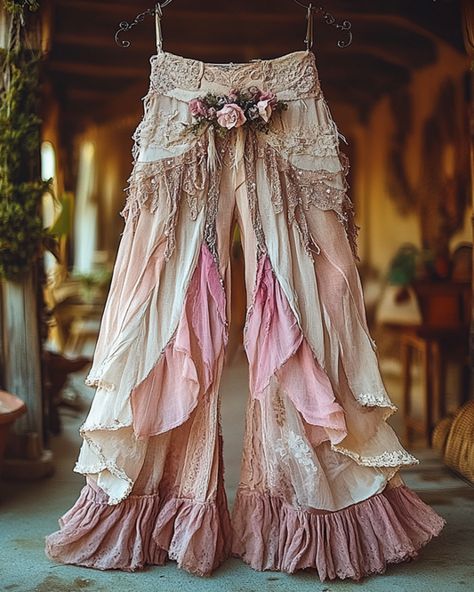 Summer Vacation Ruffle  Lace Patchwork Pant  65a9