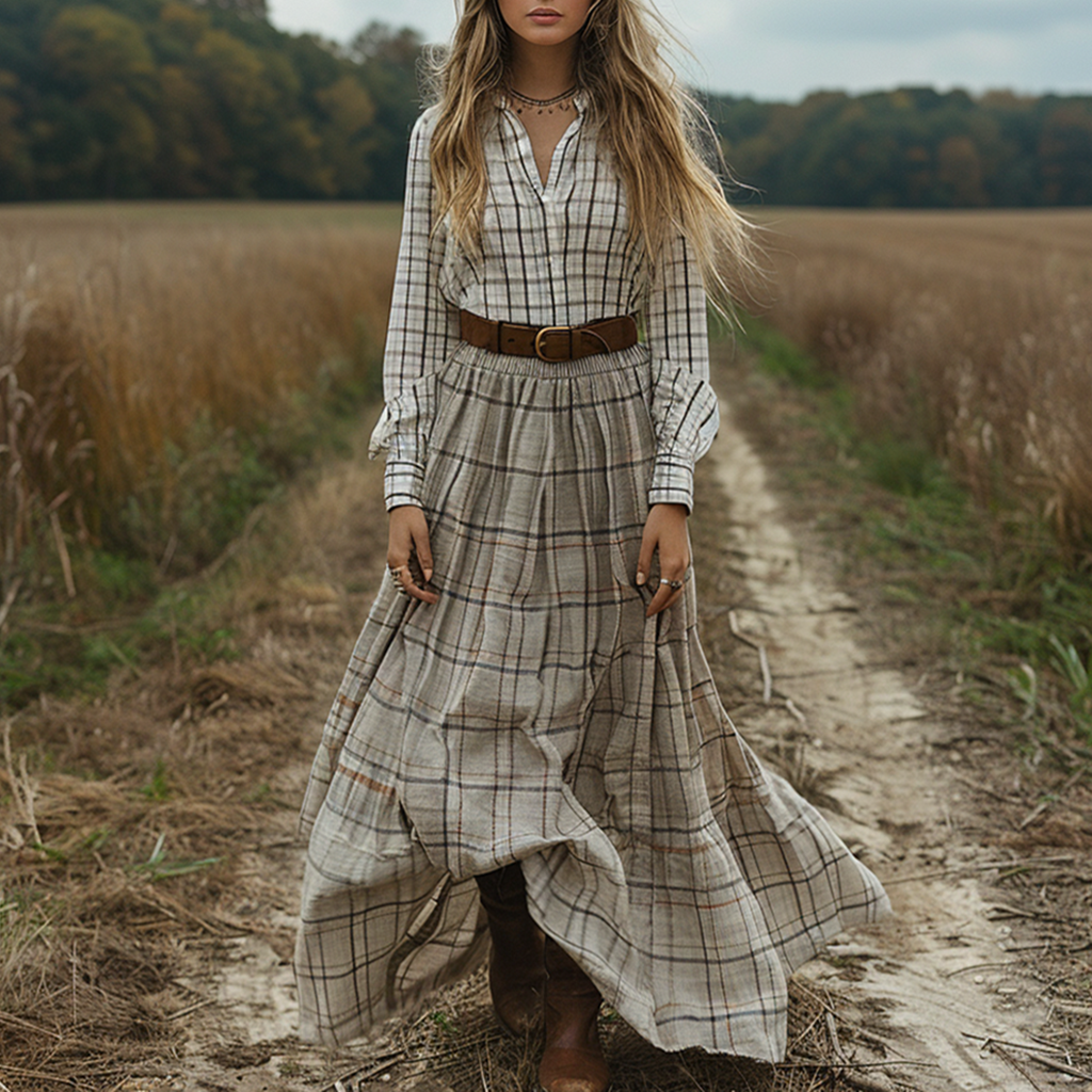 Women's Vintage V-neck Bohemian Pastoral Style Long-sleeve Maxi Long Dress