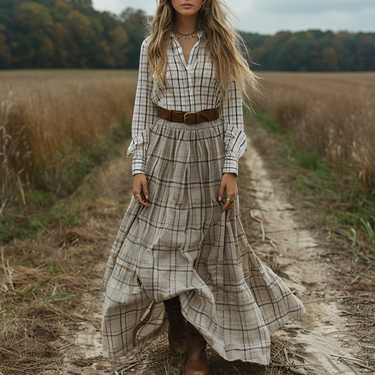 Women's Vintage V-neck Bohemian Pastoral Style Long-sleeve Maxi Long Dress