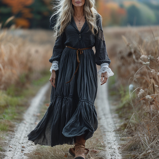 Women's Vintage V-neck Linen Long-sleeve Maxi Long Dress
