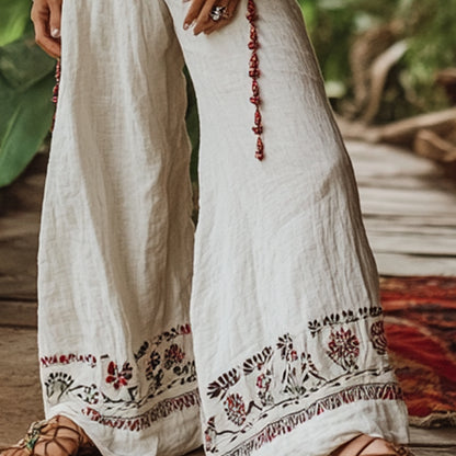 Bohemian Holiday Style Retro Linen Floral Ethnic Totem Print Casual Pants