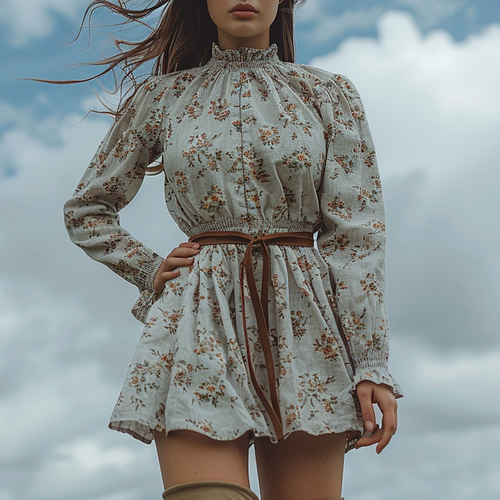 Women's Retro Floral Bohemian Pastoral Style Long-sleeved Mini Short Dress