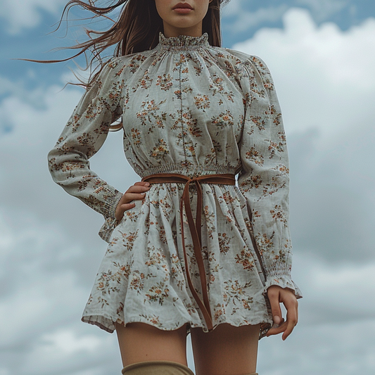 Women's Retro Floral Bohemian Pastoral Style Long-sleeved Mini Short Dress