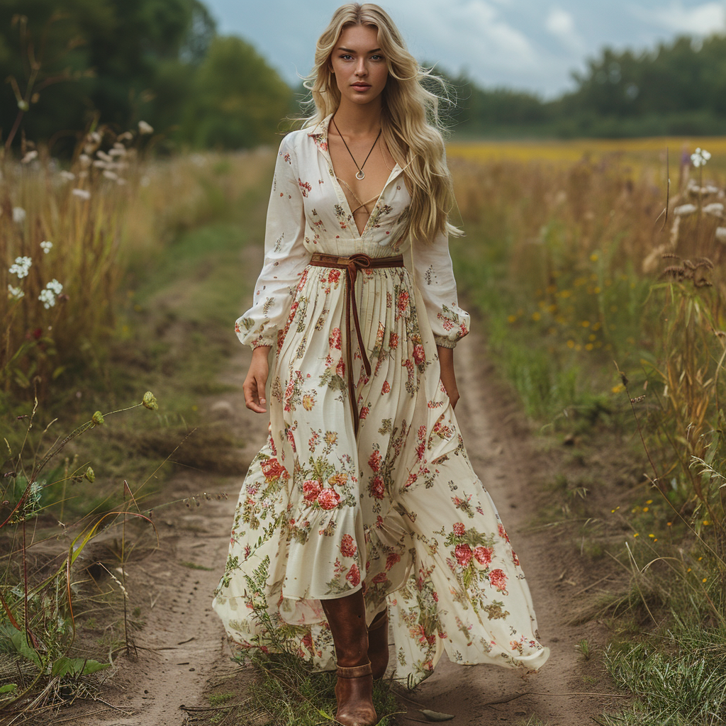 Women's Retro V-neck Floral Long-sleeve Bohemian Pastoral Style Maxi Long Dress