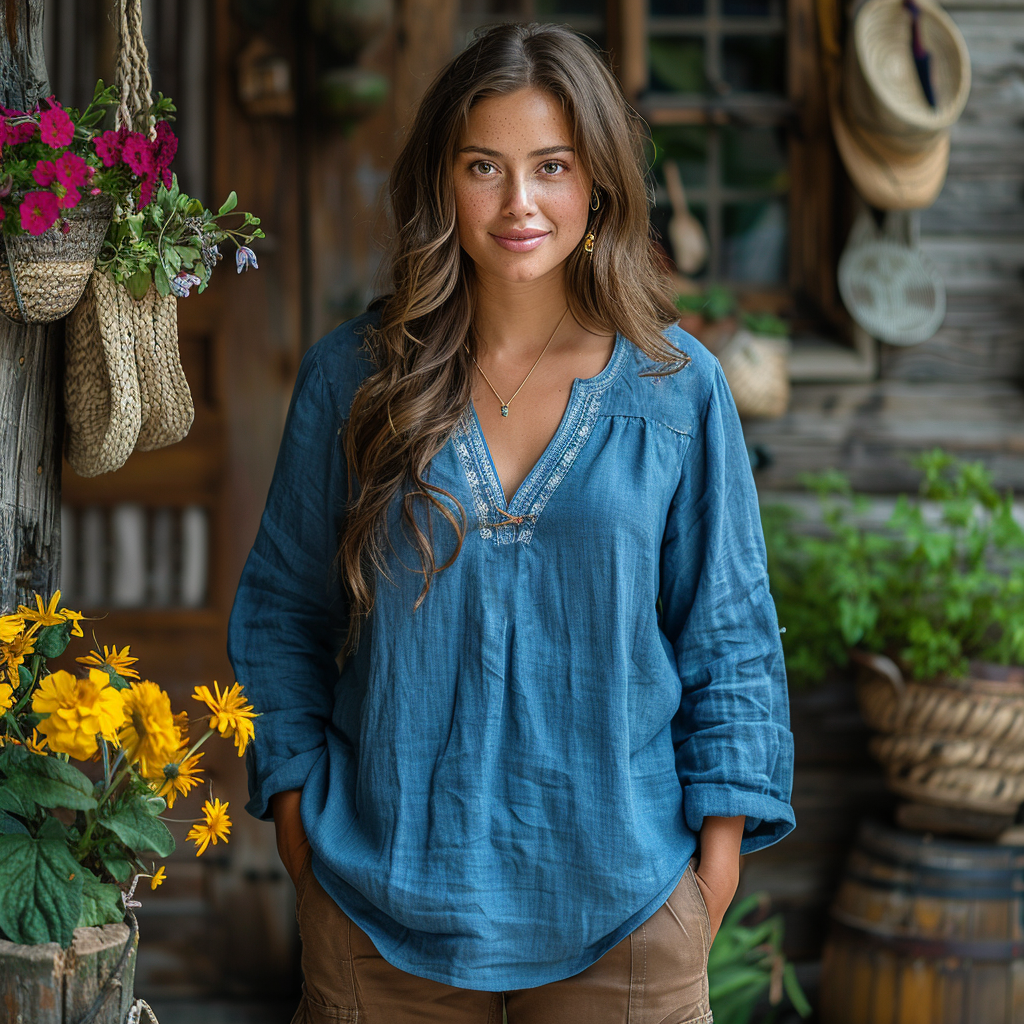 Women's Bohemian Linen Style Casual Long-sleeve Top Shirt