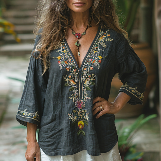 Retro Loose Bohemia Ethnic Style Linen V-neck Short-sleeved Top