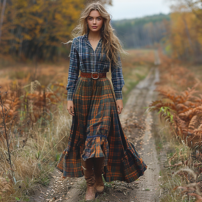 Women's Vintage V-neck Bohemian Pastoral Plaid Style Long-sleeve Maxi Long Dress