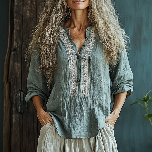 Women's V-neck Linen Bohemia Style Casual Midi-sleeved Top Shirt