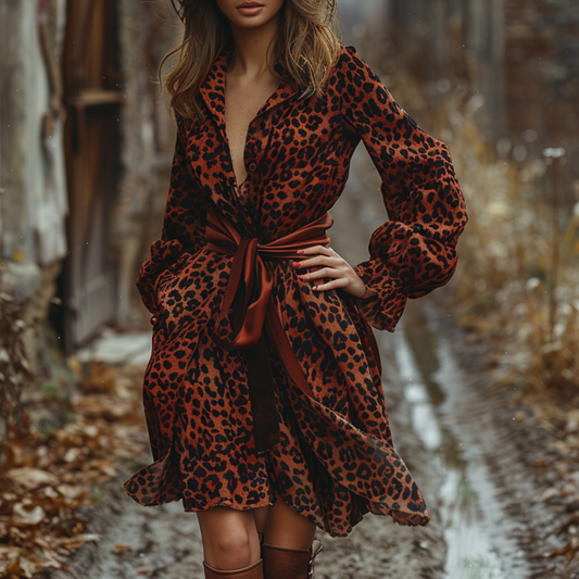 Women's Retro Pastoral Leopard Style Long-sleeve Short Skirt Dress
