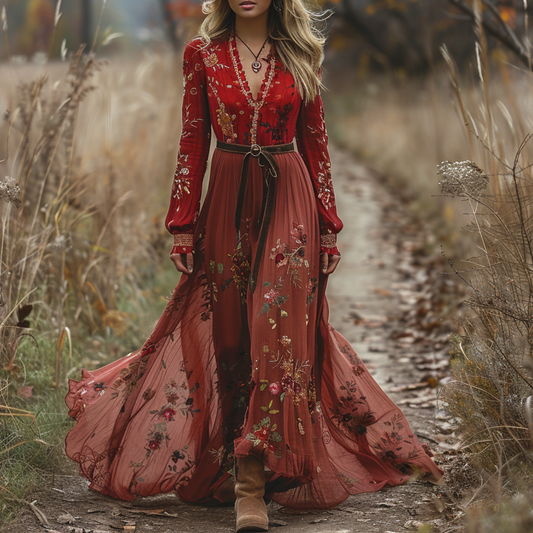 Women's Vintage V-neck Floral Bohemian Pastoral Style Long-sleeved Maxi Long Dress
