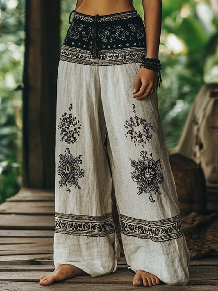 Hamivibe Vintage Bohemian Forest Floral Ethnic Art Printed Cotton Linen Wide Leg Pants 1b82