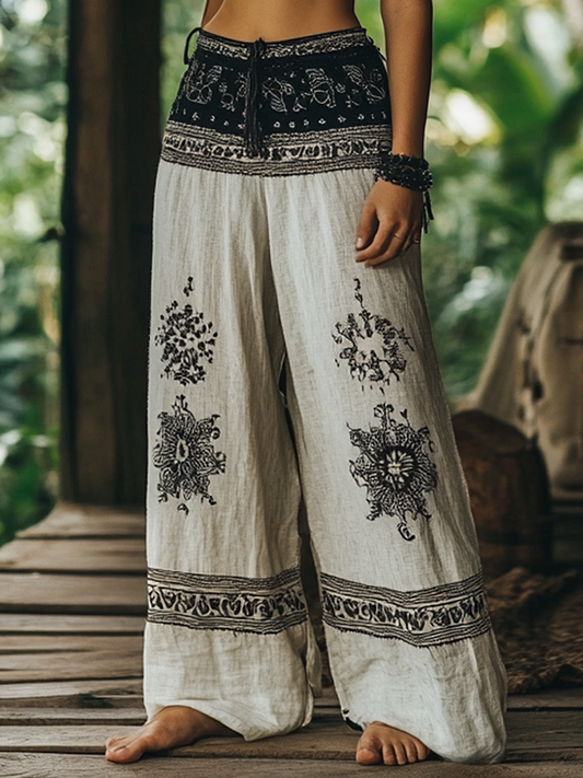 Hamivibe Vintage Bohemian Forest Floral Ethnic Art Printed Cotton Linen Wide Leg Pants 1b82
