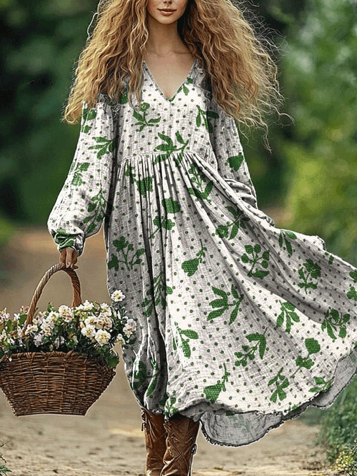 Women's Vintage Lovely Floral Art Print Pocket Cotton Dress