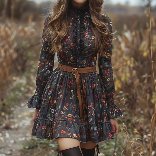 Women's Retro Floral Bohemian Pastoral Style Long-sleeved Mini Short Dress