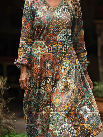 Women's Vintage Lovely Floral Art Print Pocket Cotton Dress