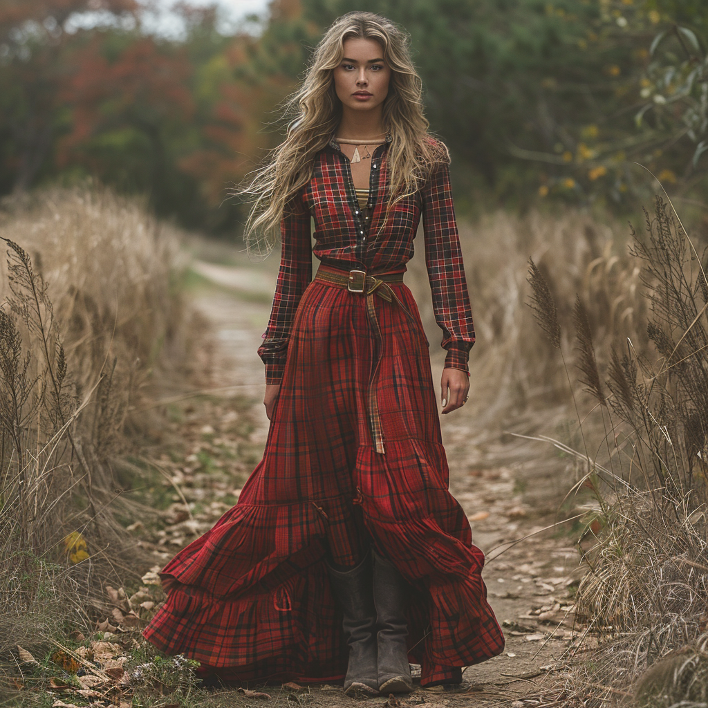 Women's Retro V-neck Plaid Long-sleeve Bohemian Pastoral Style Maxi Long Dress