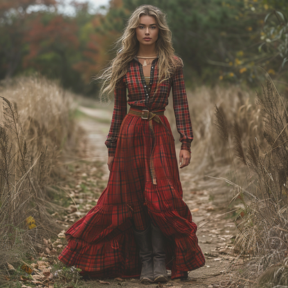 Women's Retro V-neck Plaid Long-sleeve Bohemian Pastoral Style Maxi Long Dress