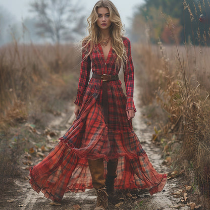 Women's Vintage V-neck Bohemian Pastoral Style Long-sleeve Maxi Long Dress