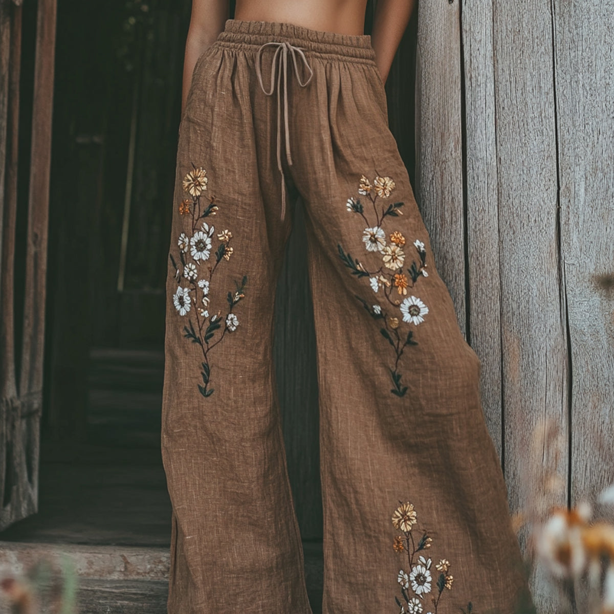 Women's Vintage Floral Embroidered Pattern Linen Blend Casual Pants 4e9c
